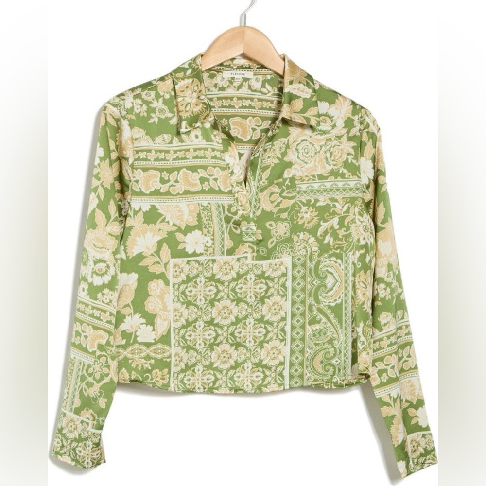 Nordstrom Deep Lime Silk-like Long Sleeve Patch Green Floral Blouse